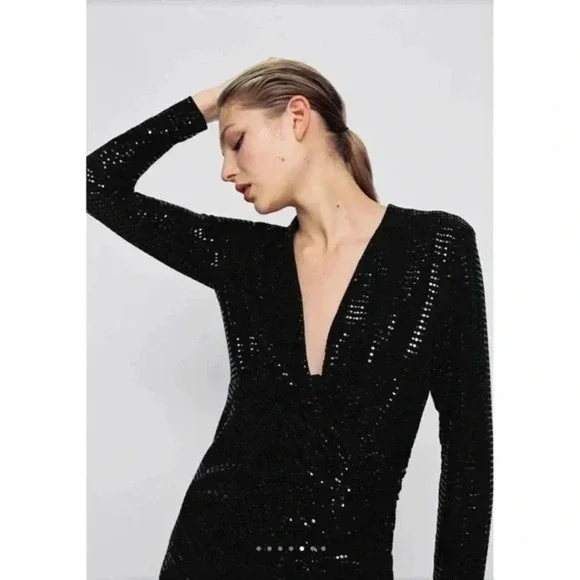NWT Zara Draped Sparkly Black Dress Long Sleeve size Medium - Picture 5 of 16